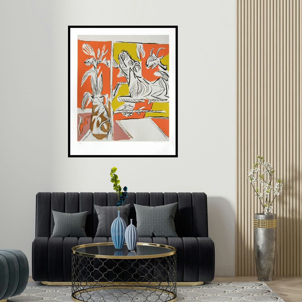 'Untitled 2 (Abstract Painting of Goat)' painting by K G Subramanyan shown on a wall in a furnished room.