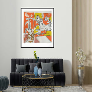 'Untitled 2 (Abstract Painting of Goat)' painting by K G Subramanyan shown on a wall in a furnished room.
