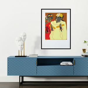 'Untitled 2 (Devotees with Offerings)' painting by Thota Vaikuntam shown on a wall in a furnished room.