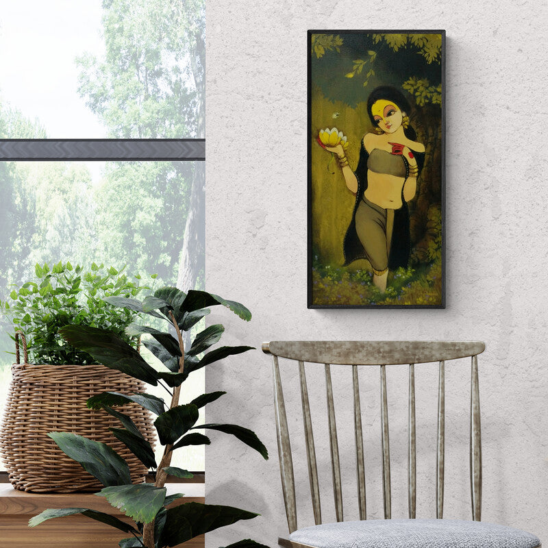 Renuka Fulsoundar's painting 'Untitled 2 (The Lotus Bearer)' displayed in a modern living room setting