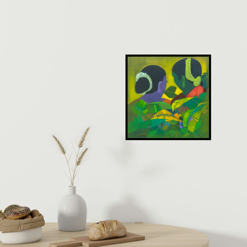 In-situ view of Prakash Deshmukh's 'Untitled 2 (Conversation Amidst Foliage)' painting in a room