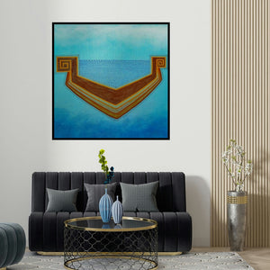 Snehal Ekbote's 'Untitled 2 (Crossing the Waters)' painting visualized above a sofa in a contemporary room.