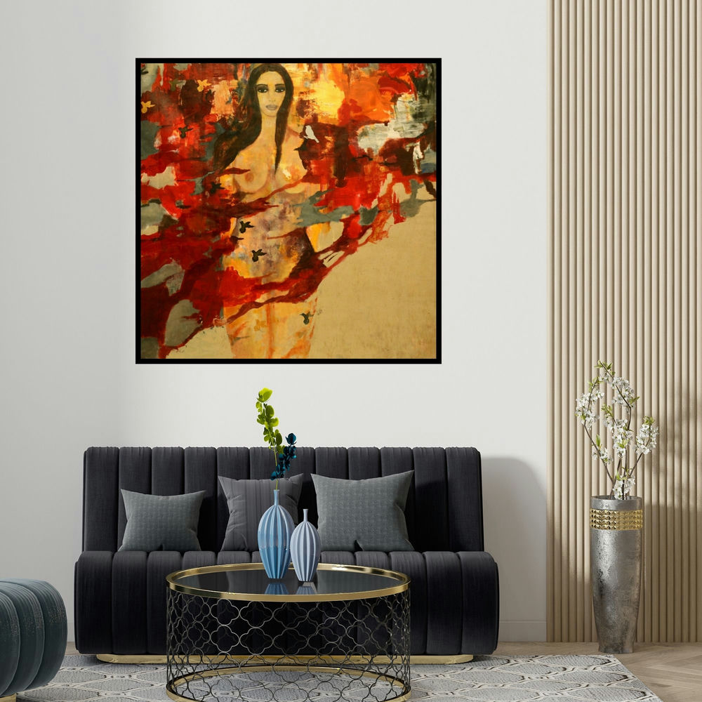 Sunayana Malhotra's 'Untitled 2' painting visualized above a sofa in a contemporary room.