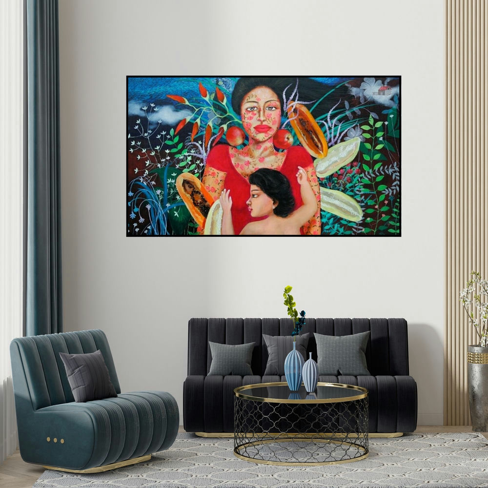 Anjum Khan's 'Untitled 2' painting visualized above a sofa in a contemporary room.