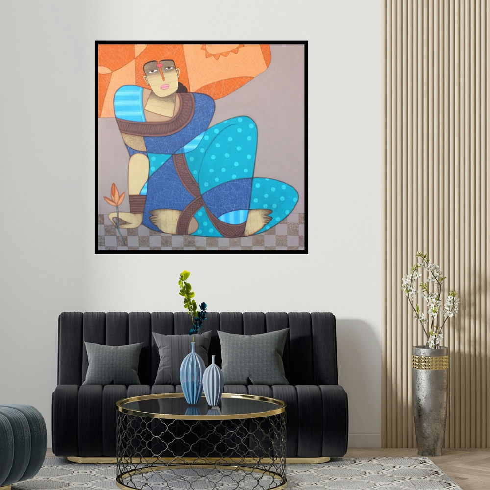 Kiran Sherkhane's 'Untitled 2 (The Flower Bearer)' painting visualized above a sofa in a contemporary room.