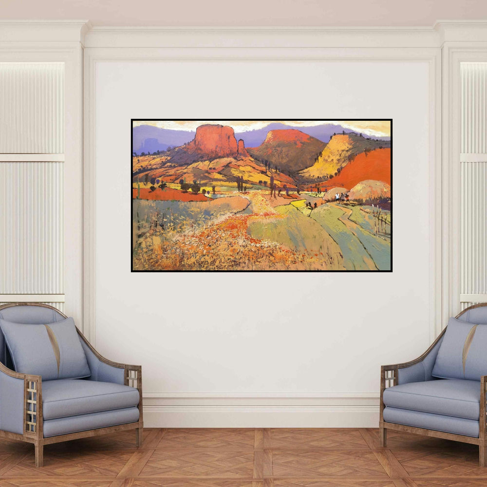 'Untitled 2 (The Red Cliffs)' painting by Hari Dhongade shown on a wall in a furnished room.