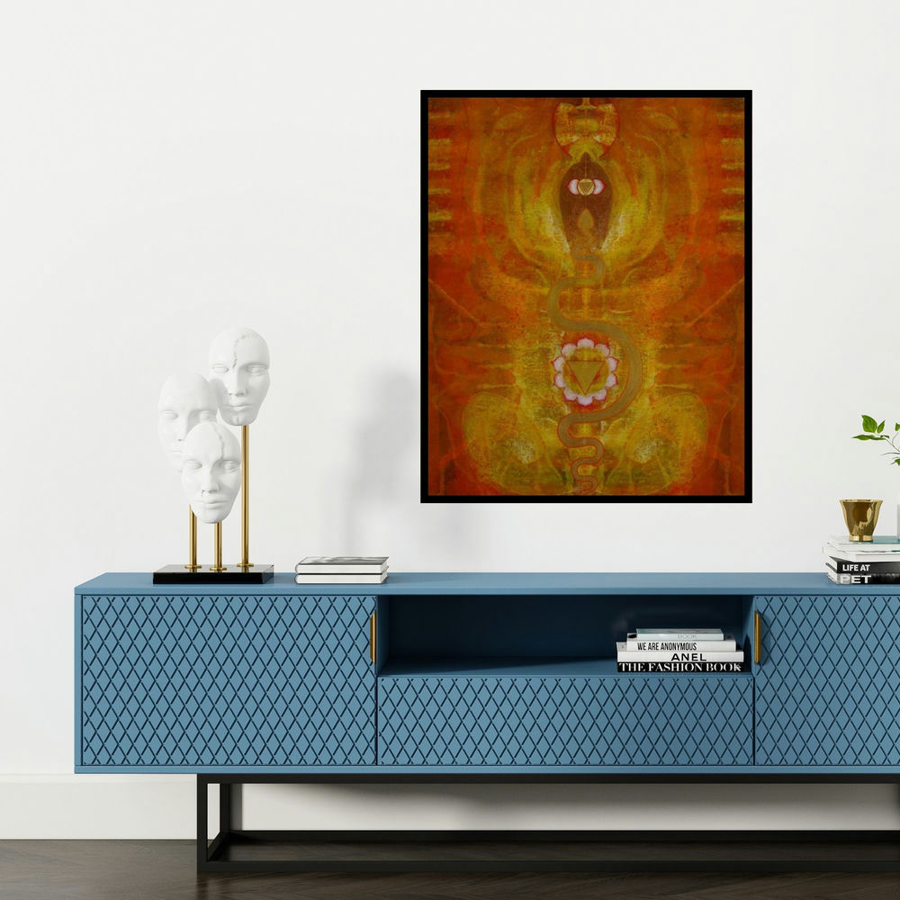 'Untitled 2 (Kundalini Awakening)' painting by Keshav Kasar shown on a wall in a furnished room.