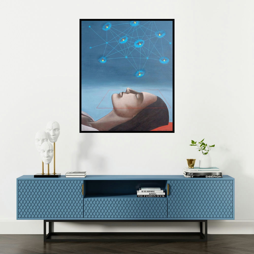 Bibhas Baidya's 'Untitled 2 (Night of a Thousand Lights)' painting visualized above a sofa in a contemporary room.