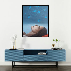 Bibhas Baidya's 'Untitled 2 (Night of a Thousand Lights)' painting visualized above a sofa in a contemporary room.