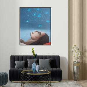 'Untitled 2 (Night of a Thousand Lights)' painting by Bibhas Baidya shown on a wall in a furnished room.