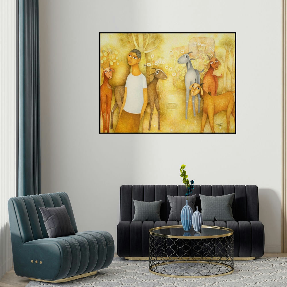 Mohan Naik's 'Untitled 2' painting visualized above a sofa in a contemporary room.