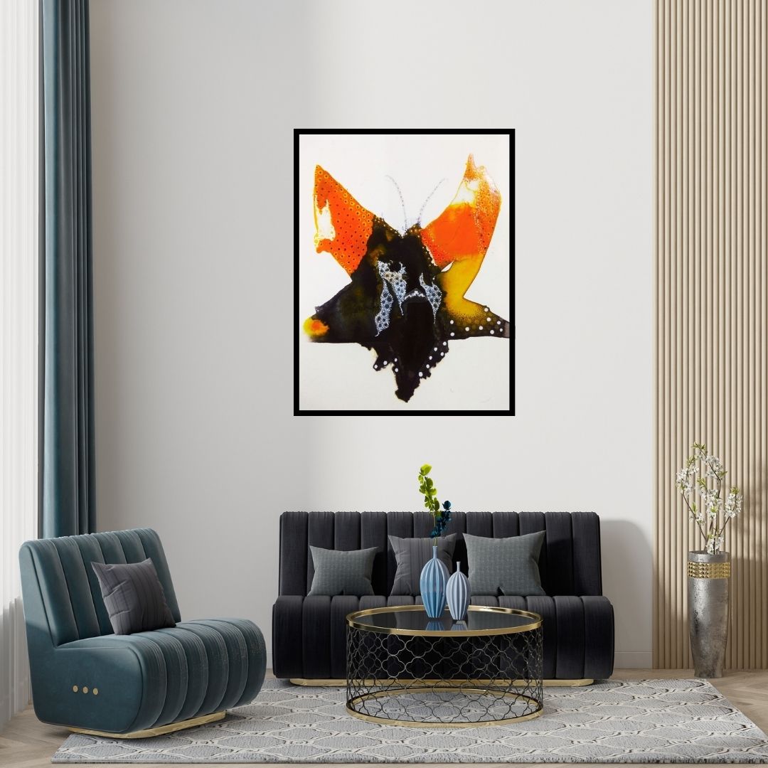 Preview of 'Untitled 2 (The Inkwing)' Painting by Huma Khan shown on a wall in a furnished room.