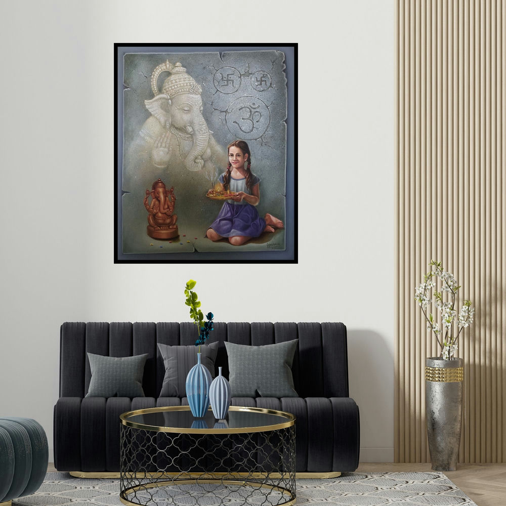 'Untitled 2' painting by Gopal Sharma shown on a wall in a furnished room.