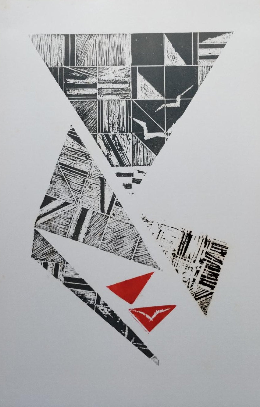 'Untitled 2' abstract wood cut printmaking by artist Shirish Mitbawkar, 17x12 inch, on paper