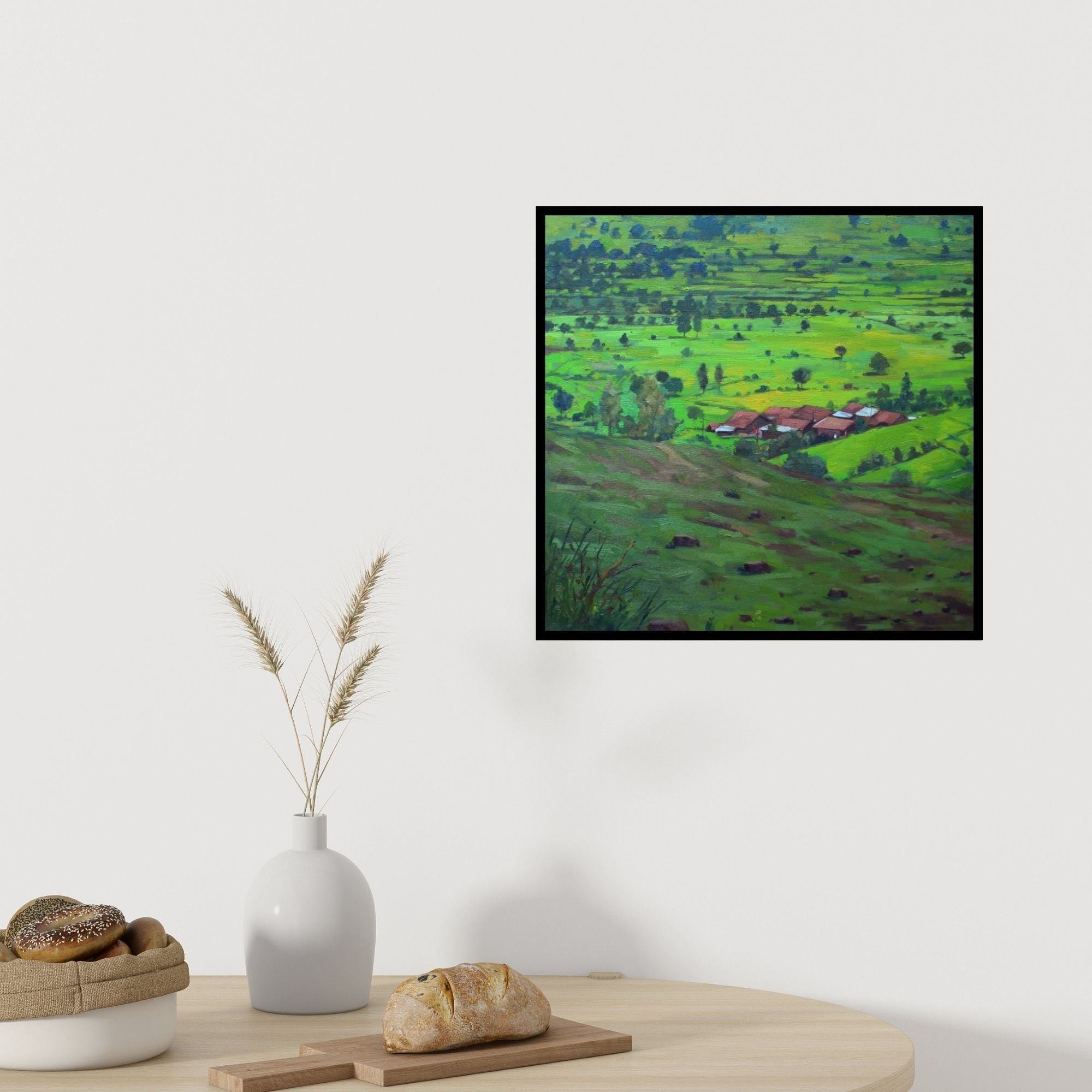 Preview of 'Untitled 2 (Village Panorama)' Painting by Sachin Sawant shown on a wall in a furnished room.