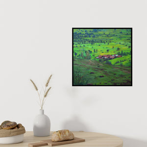 Preview of 'Untitled 2 (Village Panorama)' Painting by Sachin Sawant shown on a wall in a furnished room.