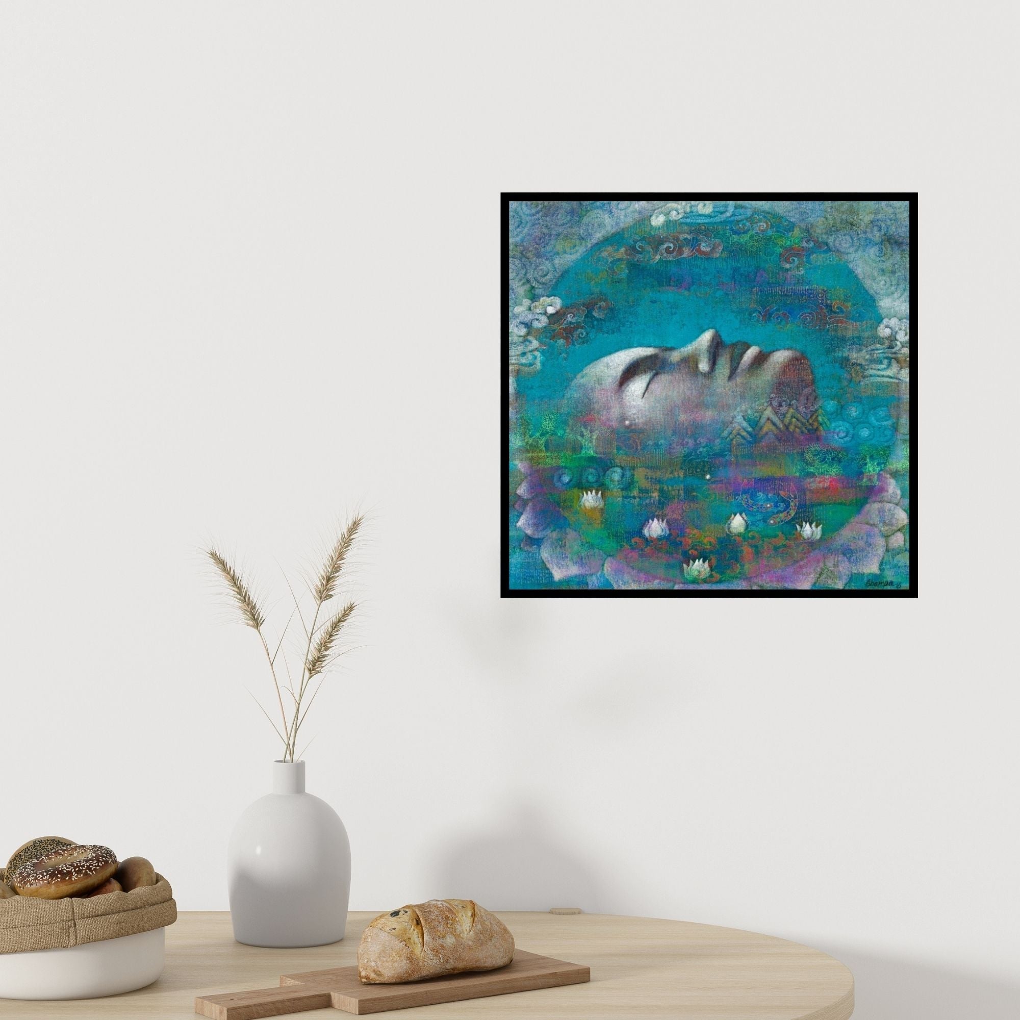 Preview of 'Untitled 2 (The Dreamer's Lullaby)' Painting by Shampa Sircar Das shown on a wall in a furnished room.