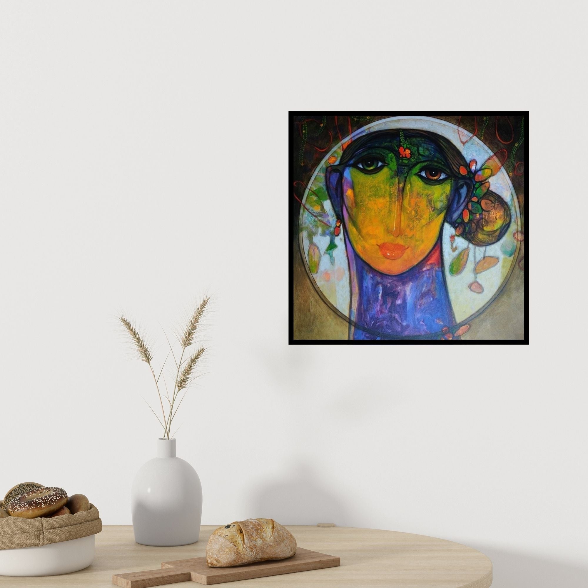 Preview of 'Untitled 2 (The Mystical Gaze)' Painting by Ramesh Gujar shown on a wall in a furnished room.