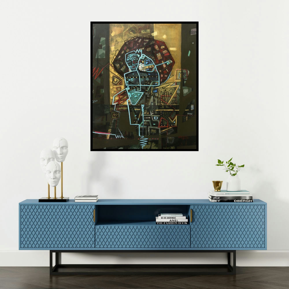 Chandra Bhushan Srivastava's 'Untitled 2 (The Labyrinth Within)' painting visualized above a sofa in a contemporary room.