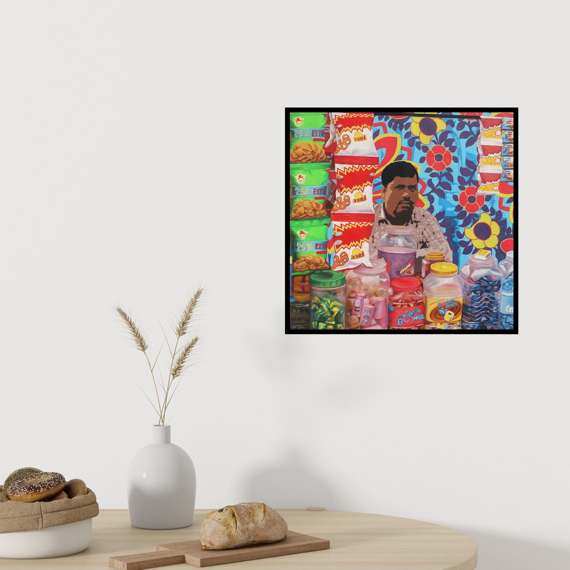 Preview of 'Untitled 2 (The Corner Shopkeeper)' Painting by Sohan Jakhar shown on a wall in a furnished room.