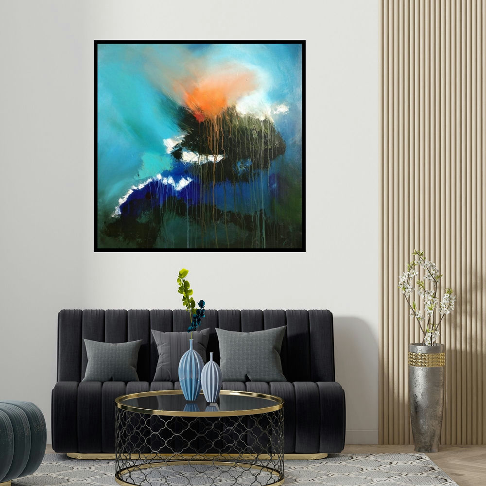 Sanjay Dhawale's 'Untitled 2 (Celestial Storm)' painting visualized above a sofa in a contemporary room.