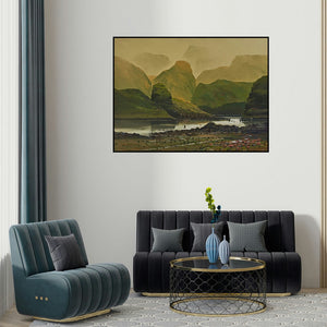 Mangesh Shinde's 'Untitled 2 (Misty Morning)' painting visualized above a sofa in a contemporary room.