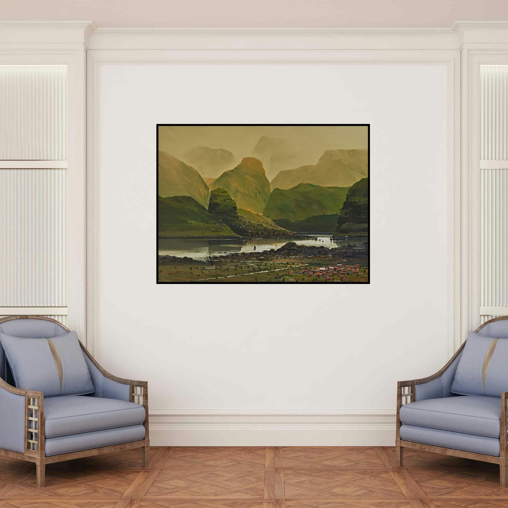 'Untitled 2 (Misty Morning)' painting by Mangesh Shinde shown on a wall in a furnished room.