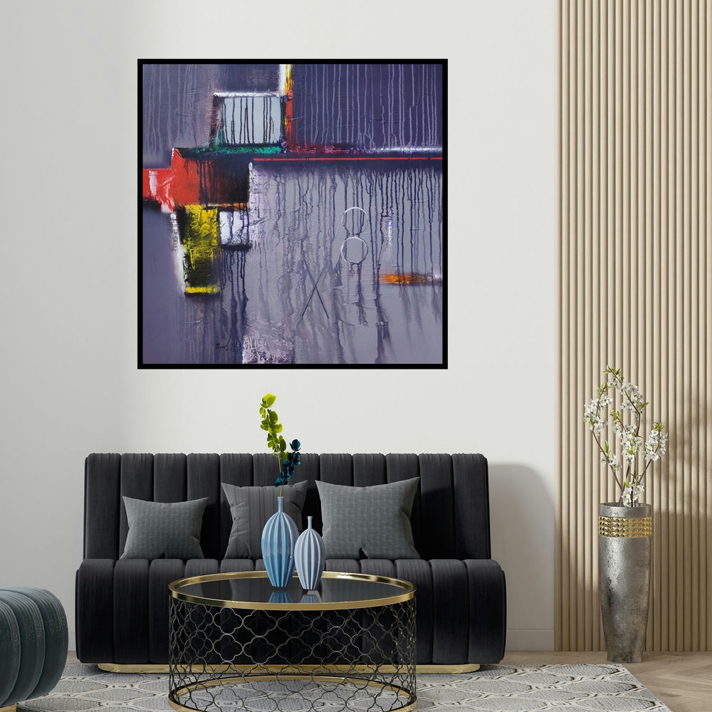 Paras Parmar's 'Untitled 2 (Urban Symphony)' painting visualized above a sofa in a contemporary room.