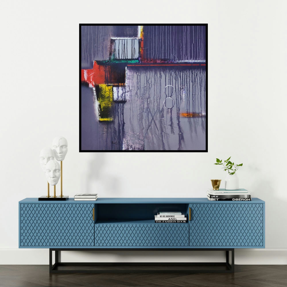 'Untitled 2 (Urban Symphony)' painting by Paras Parmar shown on a wall in a furnished room.