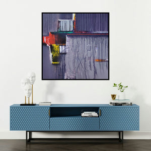 'Untitled 2 (Urban Symphony)' painting by Paras Parmar shown on a wall in a furnished room.