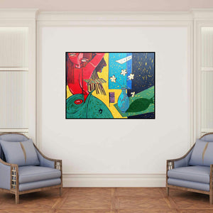 'Untitled 2 (Reflections and Refractions)' painting by Mohd Majeed Mansoori shown on a wall in a furnished room.