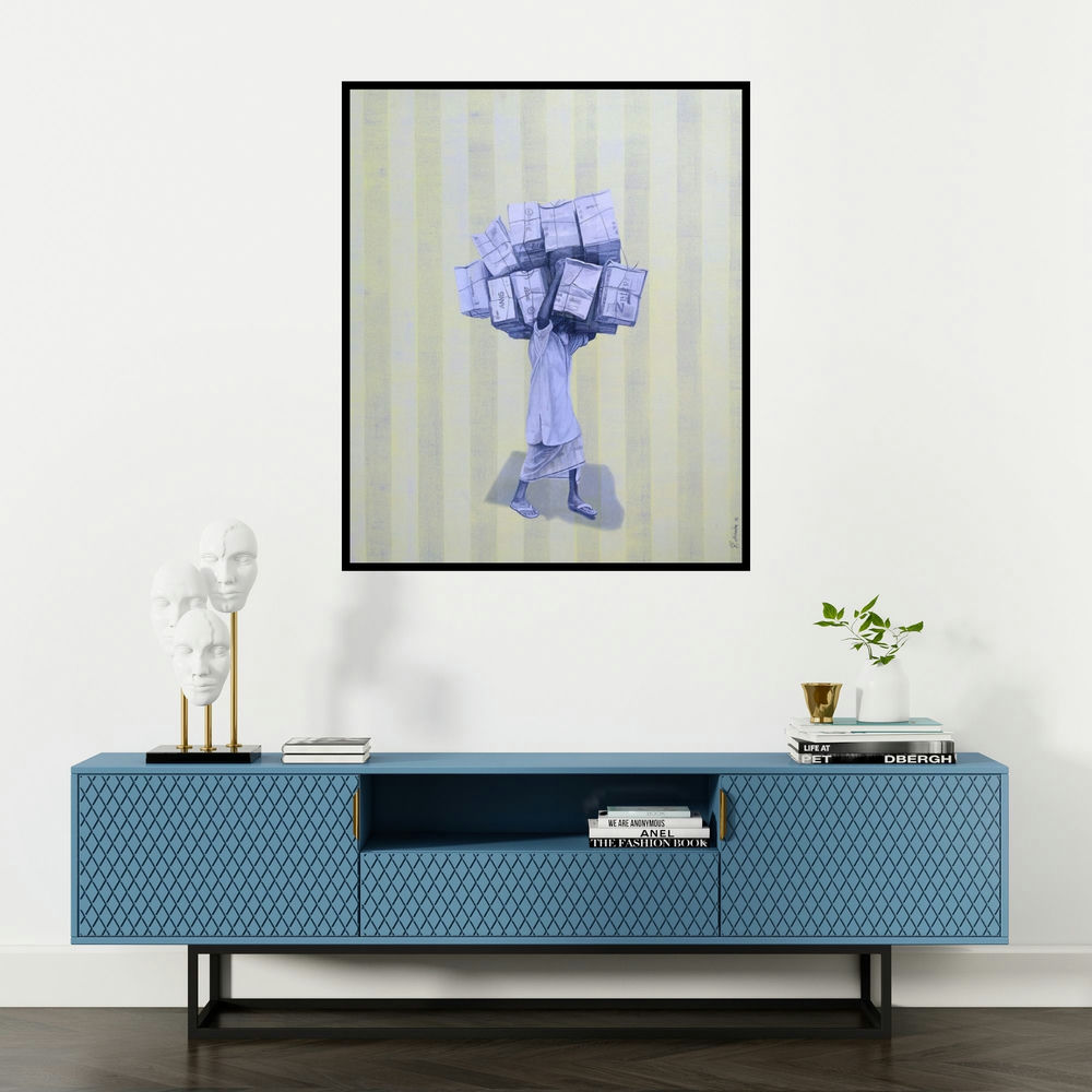 Kamlesh Chavda's 'Untitled 2 (Heavy Burden)' painting visualized above a sofa in a contemporary room.