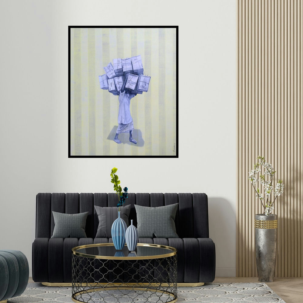 'Untitled 2 (Heavy Burden)' painting by Kamlesh Chavda shown on a wall in a furnished room.