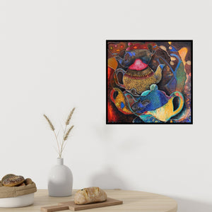 Preview of 'Untitled 2 (Teapot Symphony)' Painting by Sangeeta Singh shown on a wall in a furnished room.