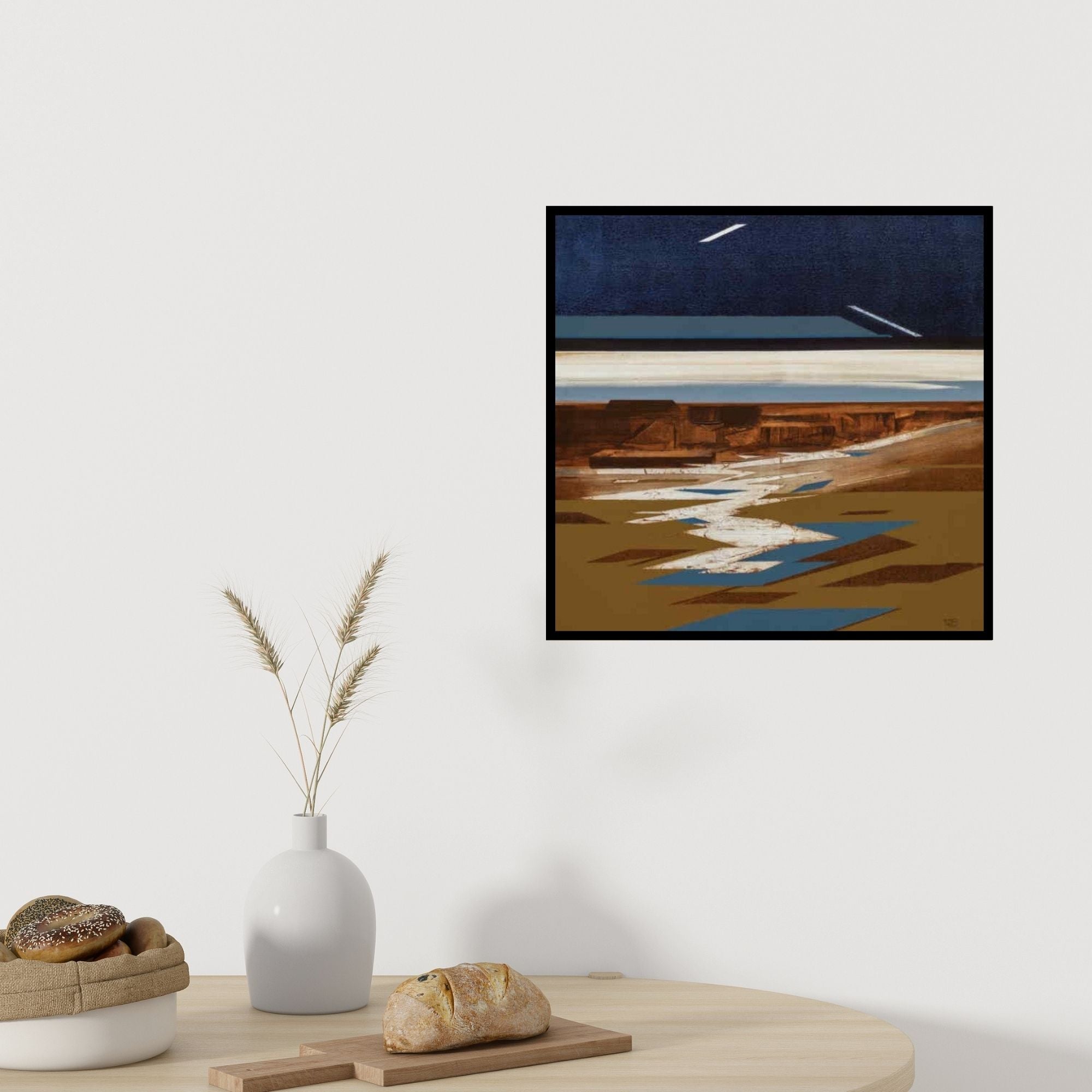 Preview of 'Untitled 2 (Celestial Reflections)' Painting by Balasaheb Patil shown on a wall in a furnished room.