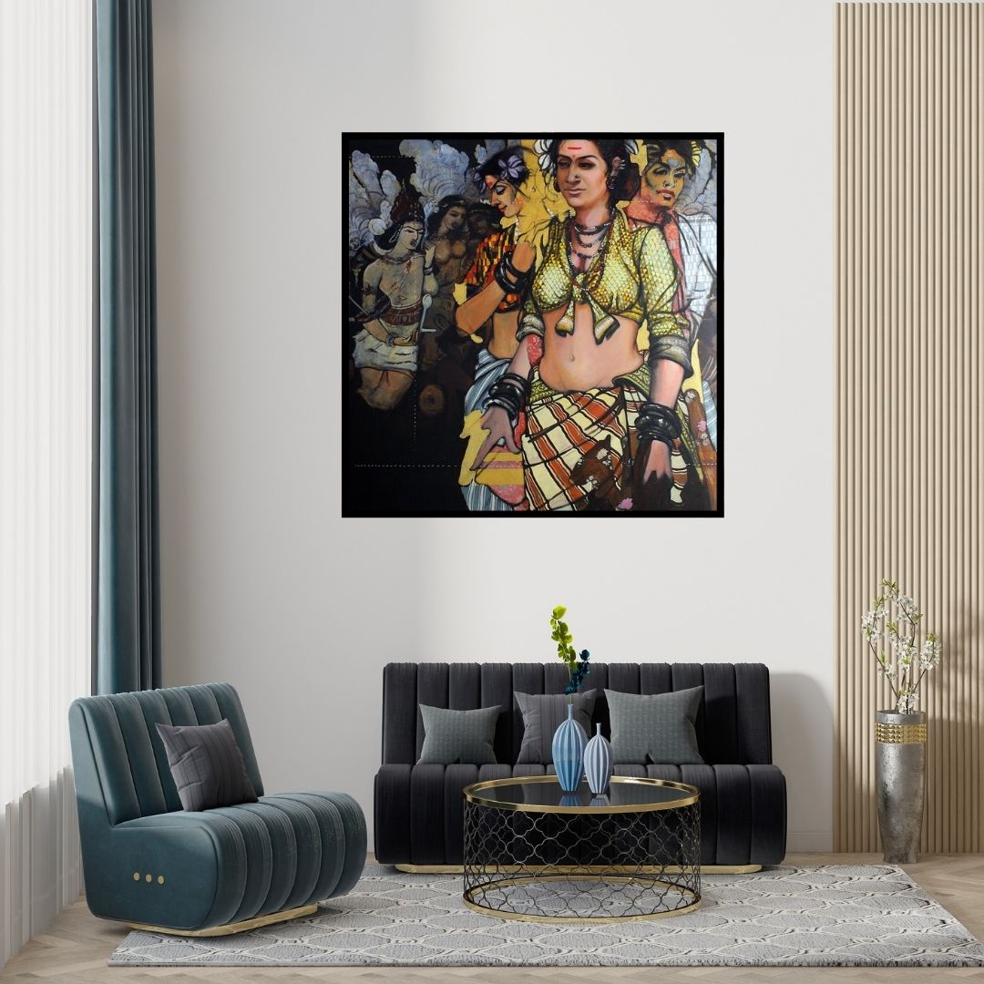 Preview of 'Untitled 2 (Serene Beauty)' Painting by Ramchandra Kharatmal shown on a wall in a furnished room.