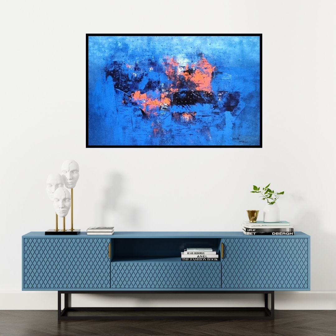 Preview of 'Untitled 2 (Cosmic Collision)' Painting by Dnyaneshwar Dhavale shown on a wall in a furnished room.