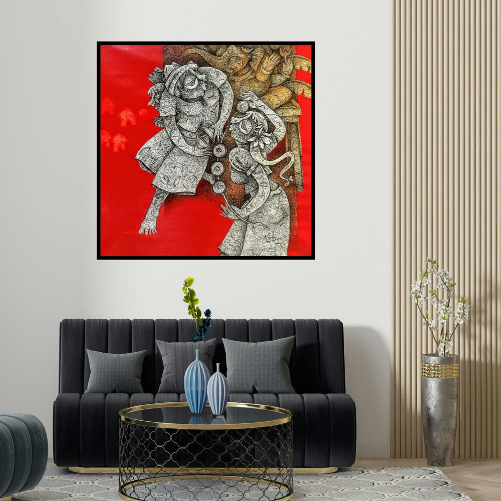 Mahavir Verma's 'Untitled 2 (Untitled 2)' painting visualized above a sofa in a contemporary room.