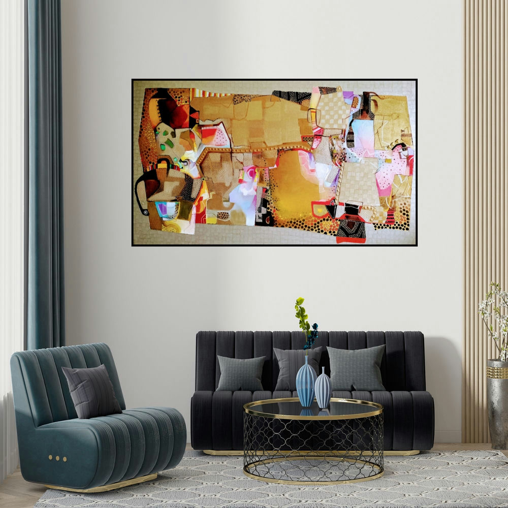 Bhaurao Bodade's 'Untitled 2 (Urban Tapestry)' painting visualized above a sofa in a contemporary room.