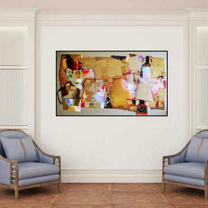 'Untitled 2 (Urban Tapestry)' painting by Bhaurao Bodade shown on a wall in a furnished room.
