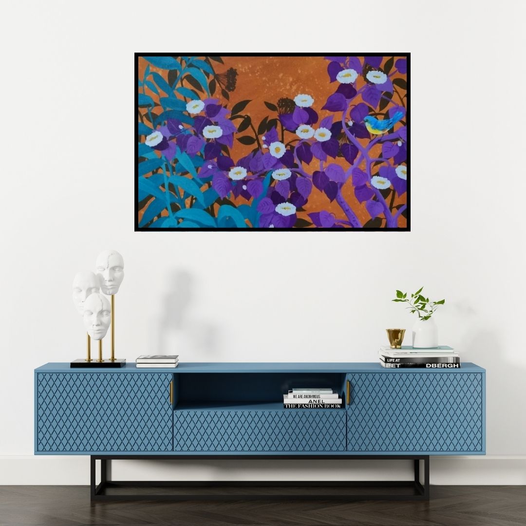 Preview of 'Untitled 2 (A Serene Moment in Nature)' Painting by GOPAL Roy shown on a wall in a furnished room.