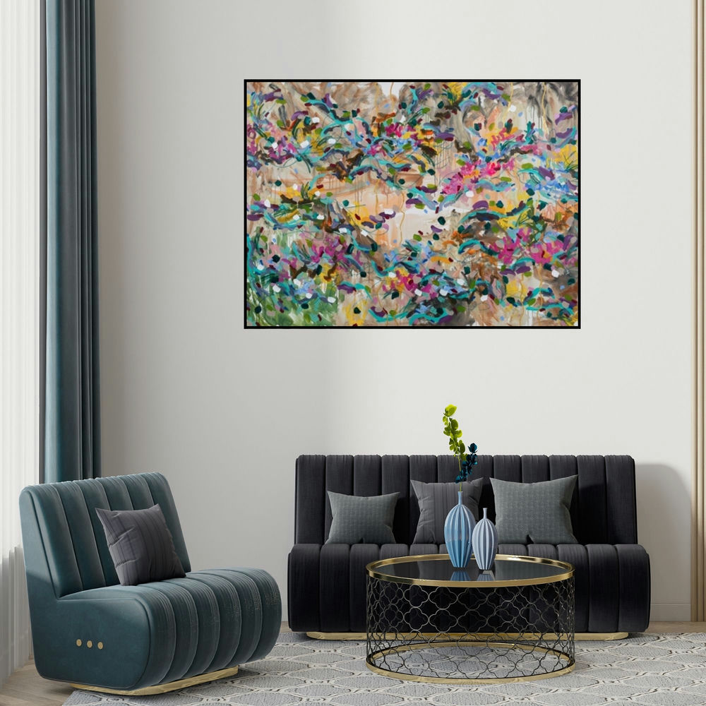 Sheena Bajaria's 'Untitled 2 (A Flourish of Color**)' painting visualized above a sofa in a contemporary room.