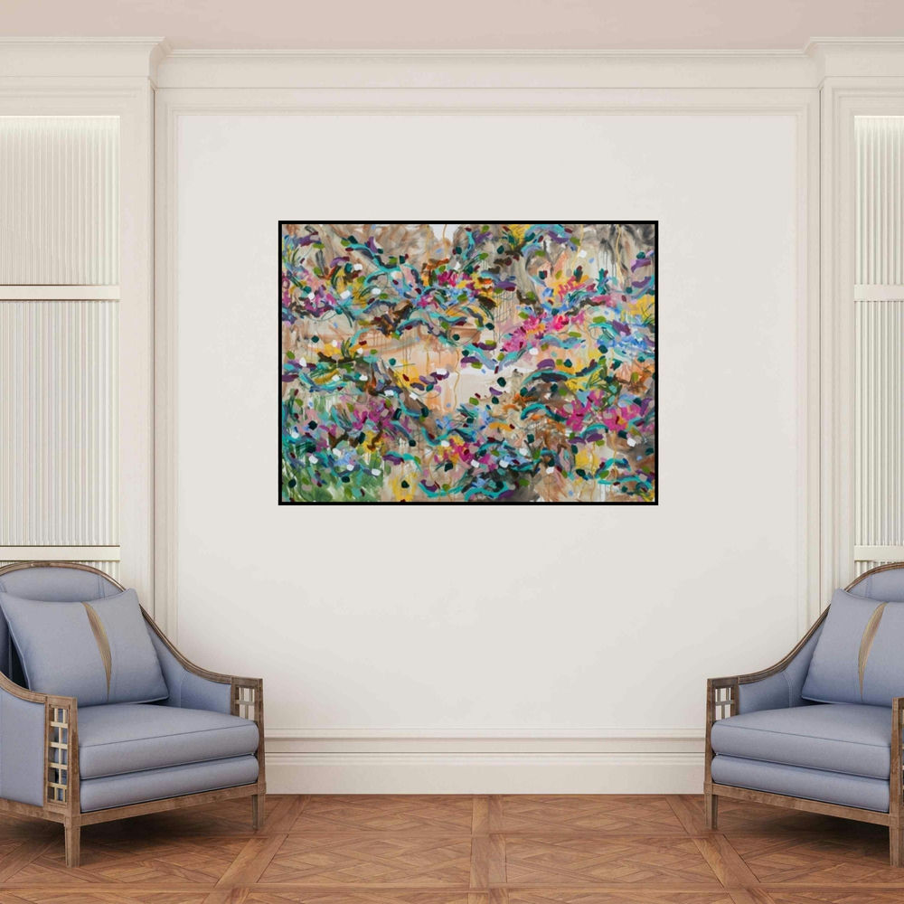'Untitled 2 (A Flourish of Color**)' painting by Sheena Bajaria shown on a wall in a furnished room.
