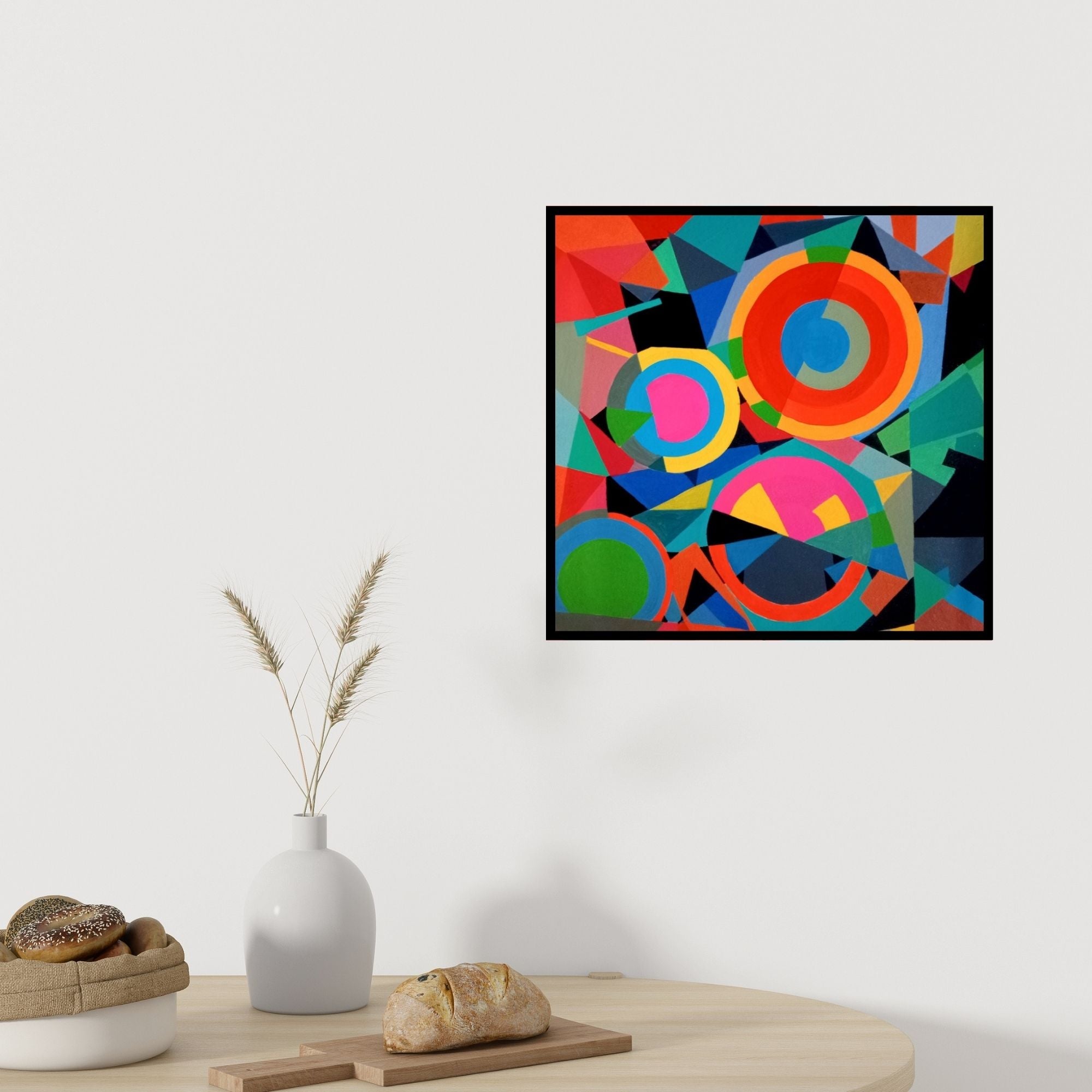 Preview of 'Untitled 2 (Vibrant Abstraction)' Painting by Prasanta Acharjee shown on a wall in a furnished room.