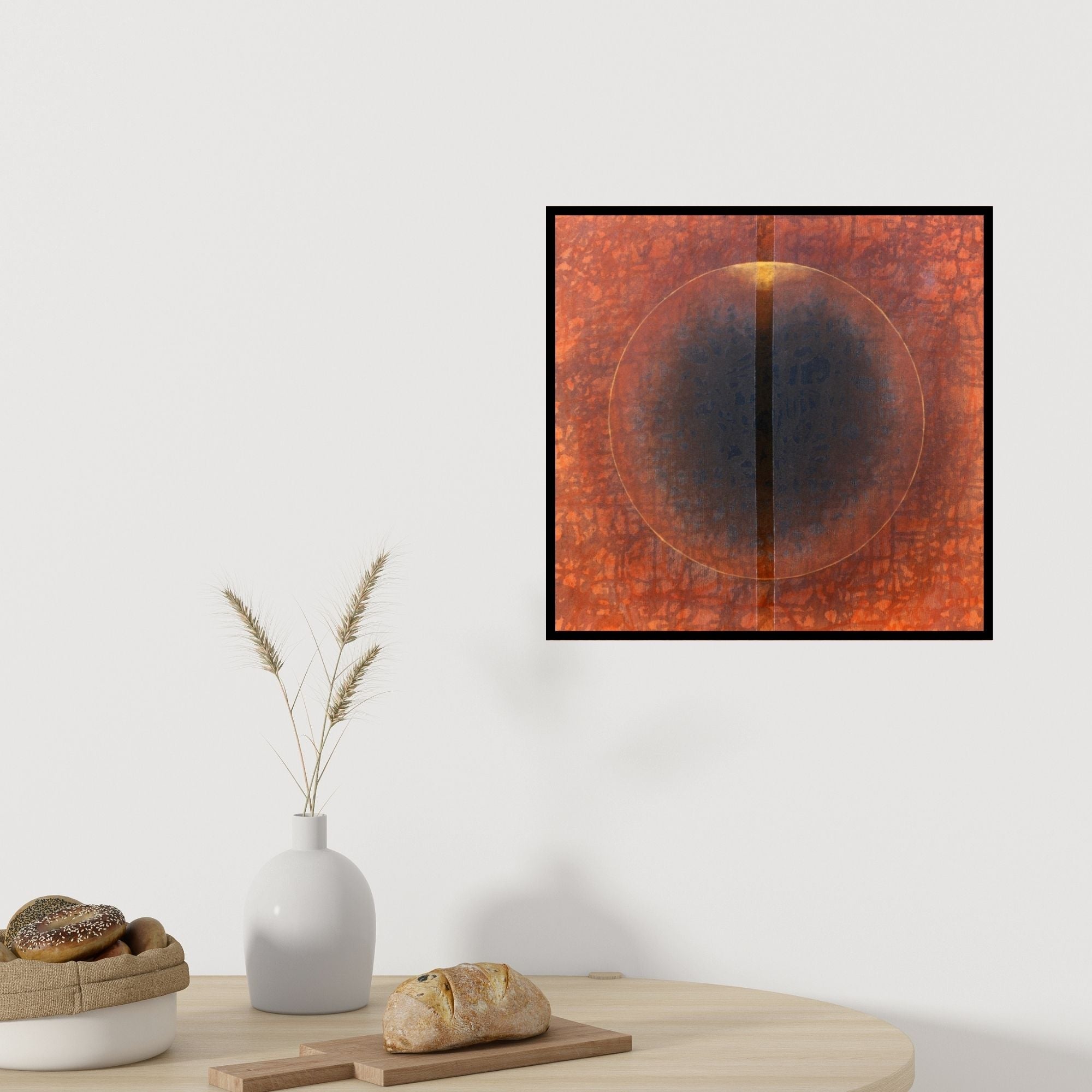 Preview of 'Untitled 2 (Cosmic Meditation)' Painting by Pradeep Ahirwar shown on a wall in a furnished room.