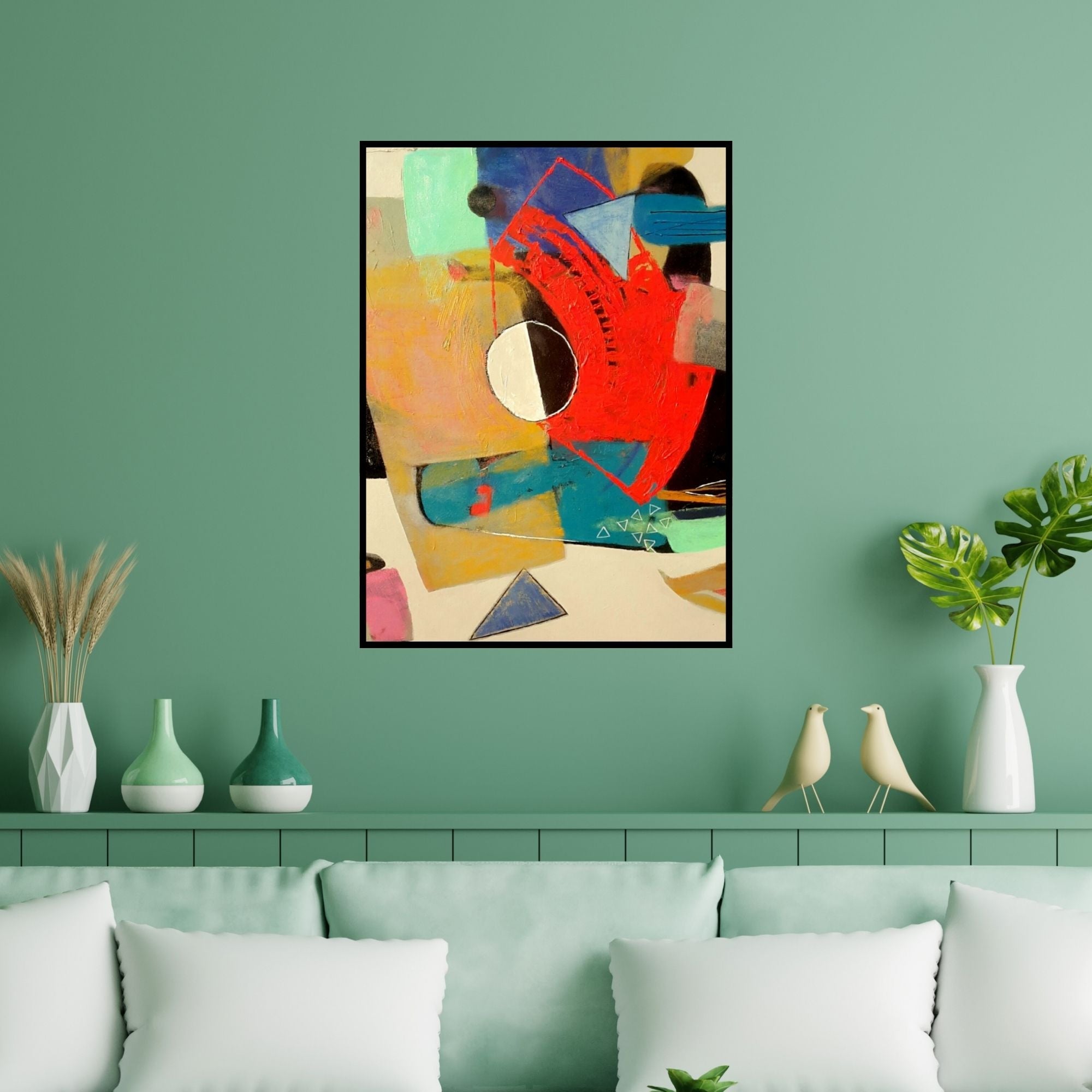 Preview of 'Untitled 2' Painting by Yashwant Pawar shown on a wall in a furnished room.