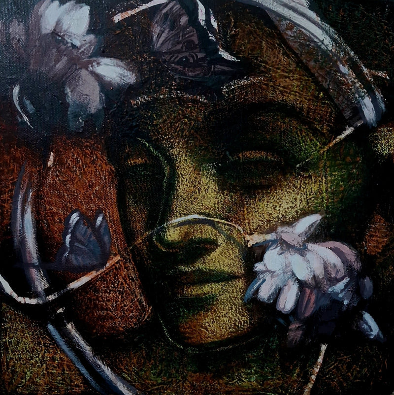 Untitled 2' figurative mixed-media painting by artist Arya Chowdhury, 12x12 inch, on canvas