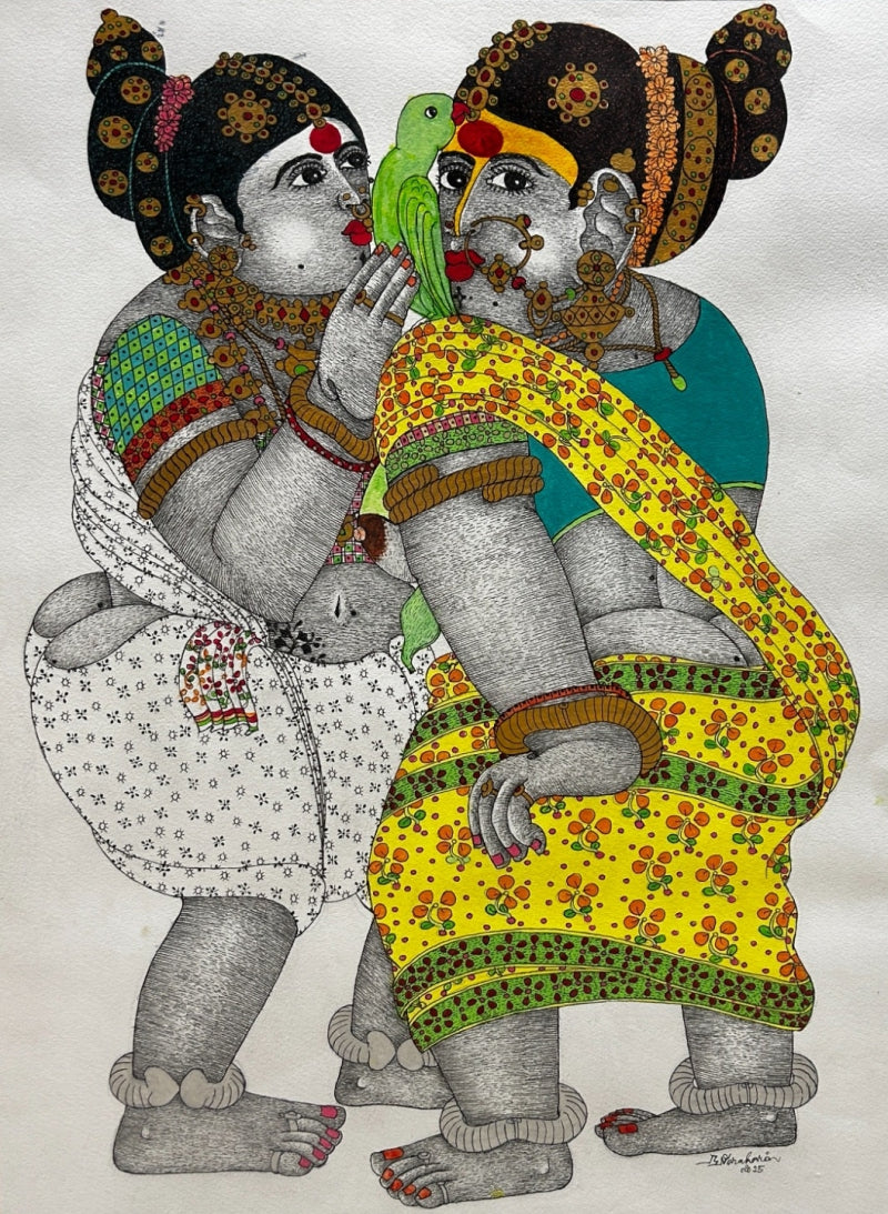 Untitled 2' figurative acrylic painting by artist Bhawandla Narahari, 30x15 inch, on paper