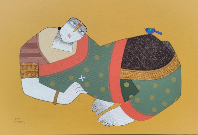 Untitled 2' figurative acrylic-charcoal painting by artist Kiran Sherkhane, 24x36 inch, on canvas