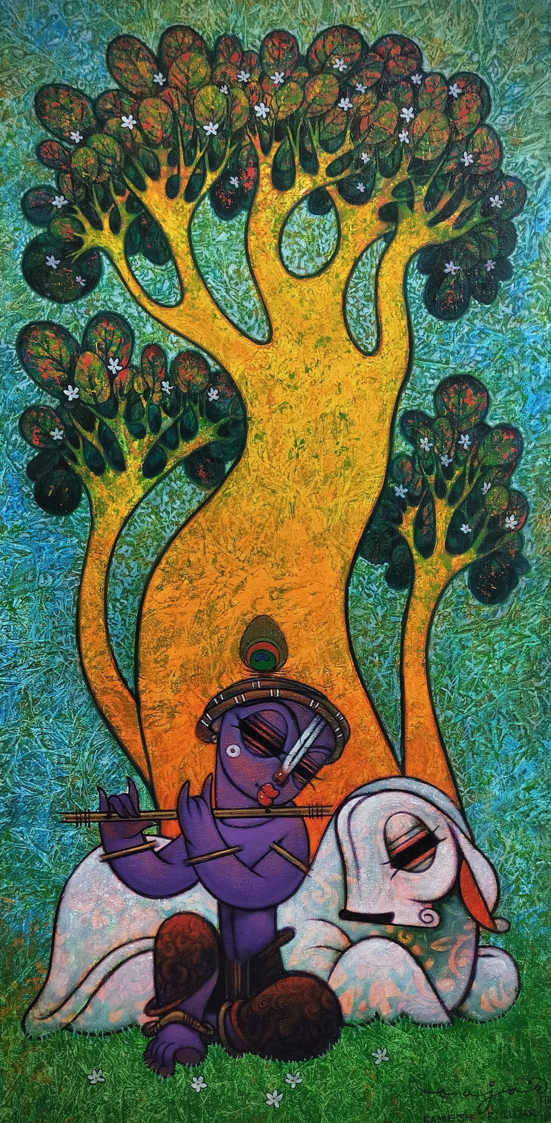 'Untitled 2' religious acrylic painting by artist Ramesh Gujar, 48x24 inch, on canvas